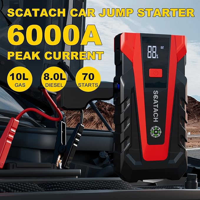 Scatach 6000A Car Battery Jump Starter,12V Portable Jump Starter Battery Pack (up to 9.0L Gasoline and 7.0L Diesel Engine), Jump Box with 3 Modes Flashlights, Jumper Cables, LED Display