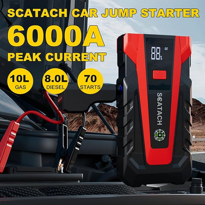 Scatach 6000A Car Battery Jump Starter,12V Portable Jump Starter Battery Pack (up to 9.0L Gasoline and 7.0L Diesel Engine), Jump Box with 3 Modes Flashlights, Jumper Cables, LED Display