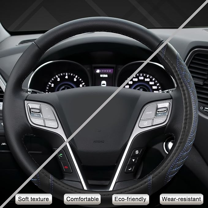 West Llama Customized Auto Car Steering Wheel Cover for Hyundai,Tucson,Sonata,Elantra,Santa Fe,Genesis,Sonata Hybrid,Azera,Venue,Kona, 14.5-15 inches(Diamond Quilted-Black+Blue-Standard Size)
