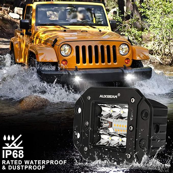 Auxbeam 5Inch LED Pod Lights, 72W Flush Mount Driving Strobe Bumper Fog Pods, 6 Modes White Amber Flashing Offroad Spot Flood Combo Light Bar with Memory Function (2 Packs)