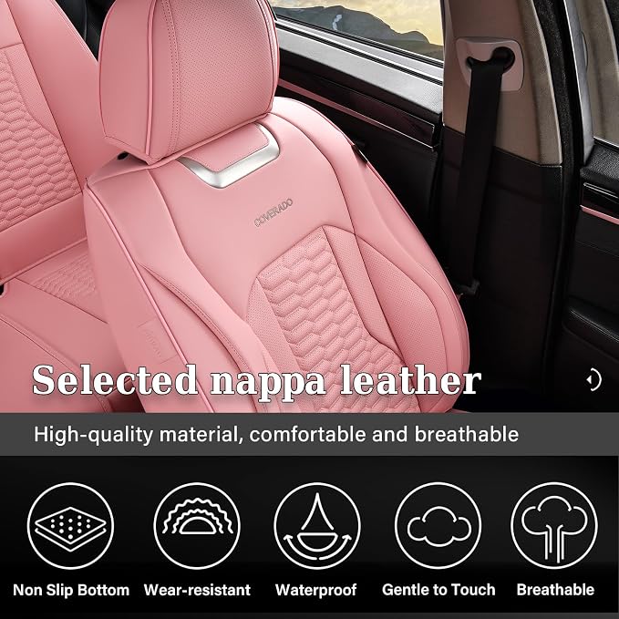 Coverado Front Car Seat Covers, Premium Nappa Leather Waterproof Front Seat Protectors, Universal Automotive Seat Covers Compatible with Most Vehicles (Pink)