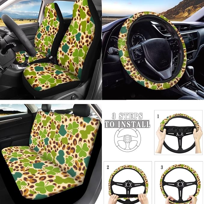10 Pack St. Patrick's Clover Leopard Car Seat Covers, Irish Day Clovers Front Rear Seat Covers Steering Wheel Cover, African Jungle Cheetah Skin 2 Seat Belt Cover