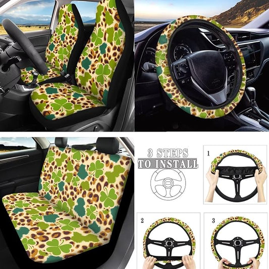 10 Pack St. Patrick's Clover Leopard Car Seat Covers, Irish Day Clovers Front Rear Seat Covers Steering Wheel Cover, African Jungle Cheetah Skin 2 Seat Belt Cover