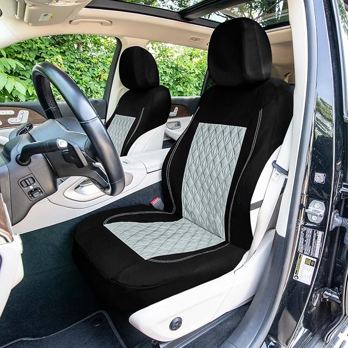 Universal Fit Diamond Stitched Flat Cloth Car Seat Covers Full Set - Gray