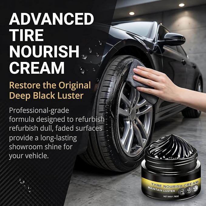 Tyre Nourish Cream, Restores Black Gloss Tire Wax Cream for Cars, Powerful Wheel Cleaning Refurbish Wax to Maintain Luster, UV Protection and Waterproof Formula for Car Tires