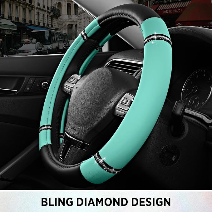 Road Comfort Leather Steering Wheel Cover – Premium Anti-Slip Car Steering Wheel Grip Cover – Universal Fit for 14.5”–15” Cars, Trucks & SUVs - Mint
