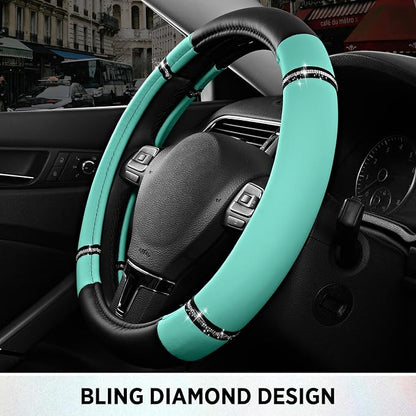 Road Comfort Leather Steering Wheel Cover – Premium Anti-Slip Car Steering Wheel Grip Cover – Universal Fit for 14.5”–15” Cars, Trucks & SUVs - Mint