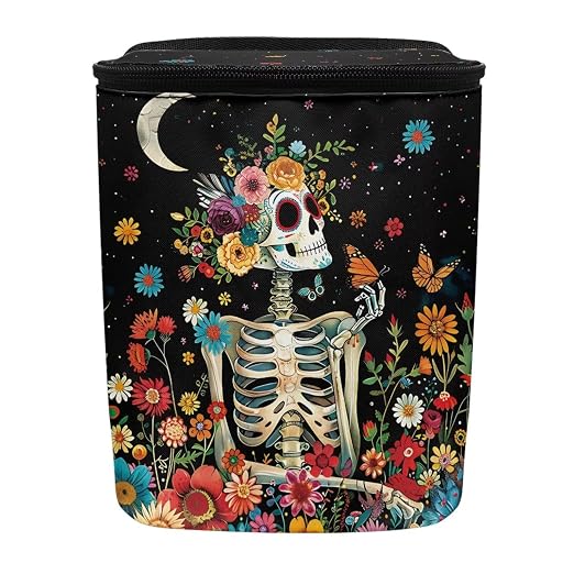Skull Colorful Flowers Starry Night Pattern Car Trash Can Leakproof Garbage Bag with Lid and Zipper 1.2Gal Trash Bin Hanging for Back Seat Halloween Car Decor