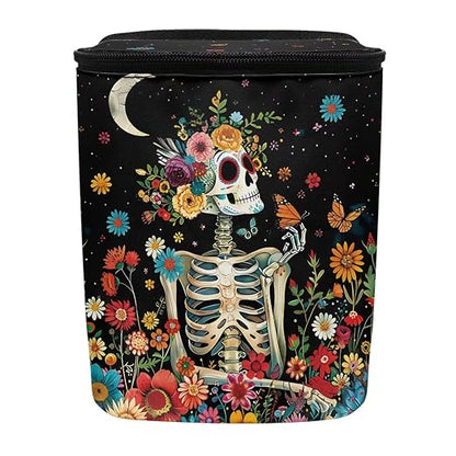 Skull Colorful Flowers Starry Night Pattern Car Trash Can Leakproof Garbage Bag with Lid and Zipper 1.2Gal Trash Bin Hanging for Back Seat Halloween Car Decor