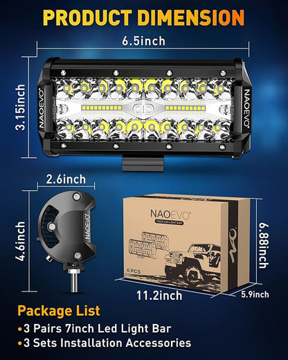 NAOEVO 7 Inch LED Light Bar, 720W 72,000LM Offroad Fog/Driving Lights LED Tractor Lights with Spot Flood Combo Beam, Waterproof LED Work Lights for Truck Boat ATV UTV, 6 Pcs (White)