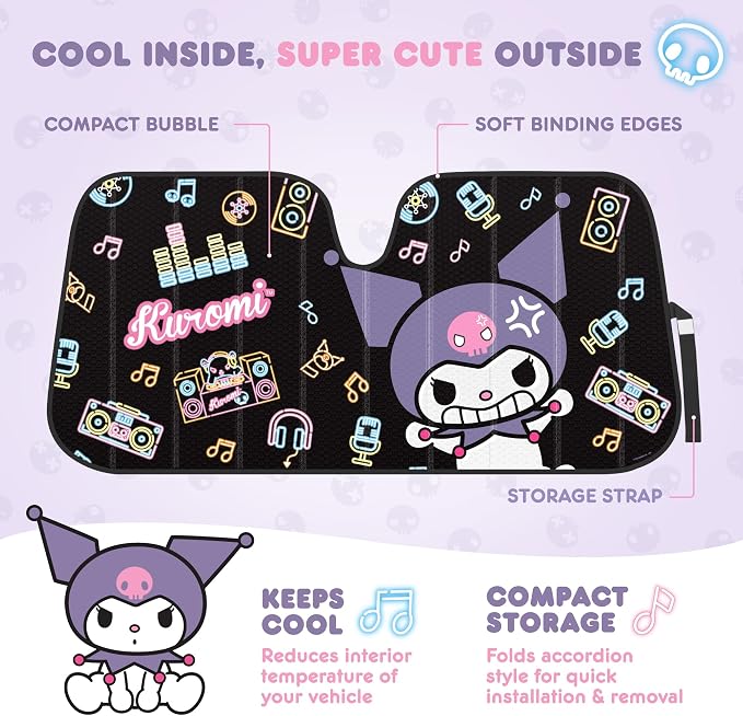 Carbella Kuromi Car Windshield Sun Shade, Official Sanrio Accordion Style Sunshade for Car Window, Cute Kawaii Car Sun Shade Windshield, Kuromi Car Accessories for Women (Neon Party)