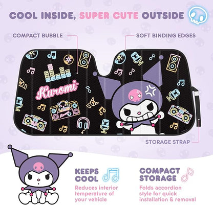 Carbella Kuromi Car Windshield Sun Shade, Official Sanrio Accordion Style Sunshade for Car Window, Cute Kawaii Car Sun Shade Windshield, Kuromi Car Accessories for Women (Neon Party)