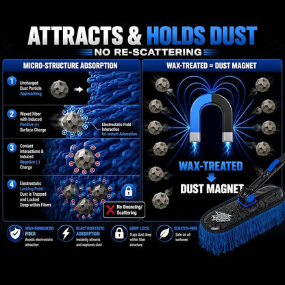 Flash Dog Waterless Car Duster - Wax Cotton Strands 360°Swivel Head & Extendable Aluminum Alloy Handle for Scratch-Free Dusting on Cars, Trucks, SUVs, RVs