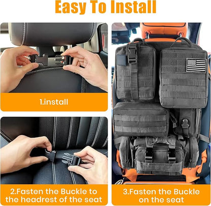 6 Pack Tactical MOLLE Car Seat Back Organizer - Universal Vehicle Storage Bag with 5 Detachable MOLLE Pouches, US Flag Patch & Keychain, Fits Jeep, Truck, SUV, Car (Black)
