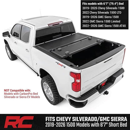 Rough Country Hard Low Profile Tri-Fold Tonneau Cover for Chevy Silverado & GMC Sierra 1500 (2019–2026) – Flush Mount Aluminum Bed Cover, Fits 6'7" Standard Bed