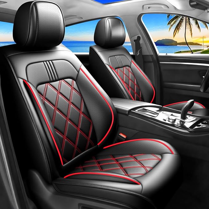 Traverse Seat Covers Fit for Chevrolet/Chevy Traverse 2018-2026, Full Coverage Leather Waterproof Breathable Seat Covers, Automotive Seat Protectors, Airbag Compatible, 2 Front Seats, Red Black