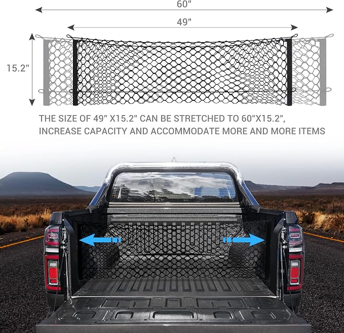 Truck Bed Cargo Net, Elastic Mesh Net Organizer Truck Bed Storage Net Organizer Envelope for Chevy Silverado & Ford F150/F250 Luggage Back Cargo (47x15.2 Inch)