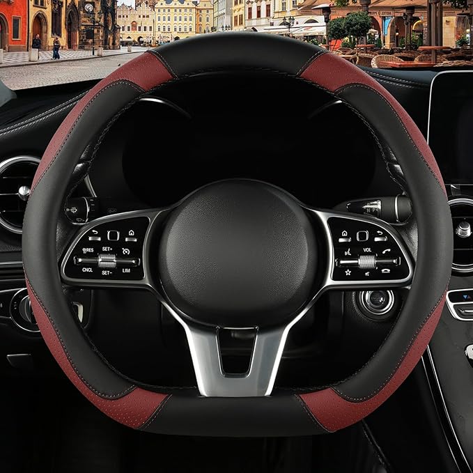 Microfiber Leather D Shaped Steering Wheel Cover, Breathable, Anti Slip, Universal 15 inch, Black with Burgundy