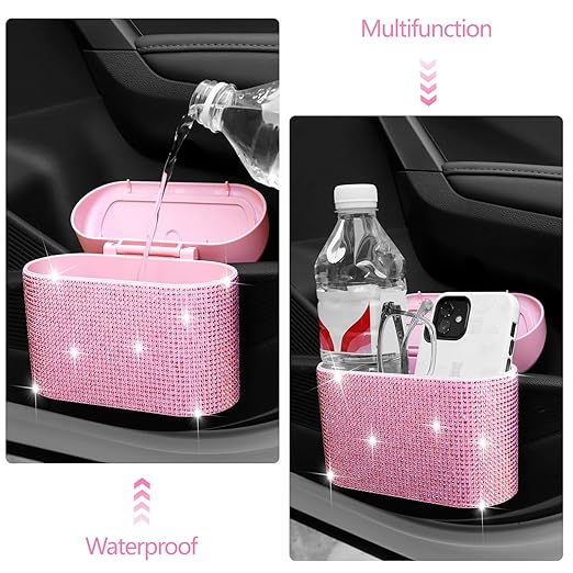 NBTEPEM Bling Pink Car Trash Can with Lid - 2 Pack, Mini Auto Garbage Can with 60 Trash Bags, Automotive Garbage Container Bin, Bling Car Accessories Trash Can for Women (Pink Diamond)
