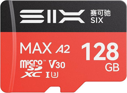 SIX M200 128GB Micro SD Card Read Up to 190MB/s for 4K UHD Continuous Recording - A2, U3, V30 microSDXC Memory Card 128GB with Adapter for Action Cameras, Drones, Gaming Consoles, Dash Cams, Phones