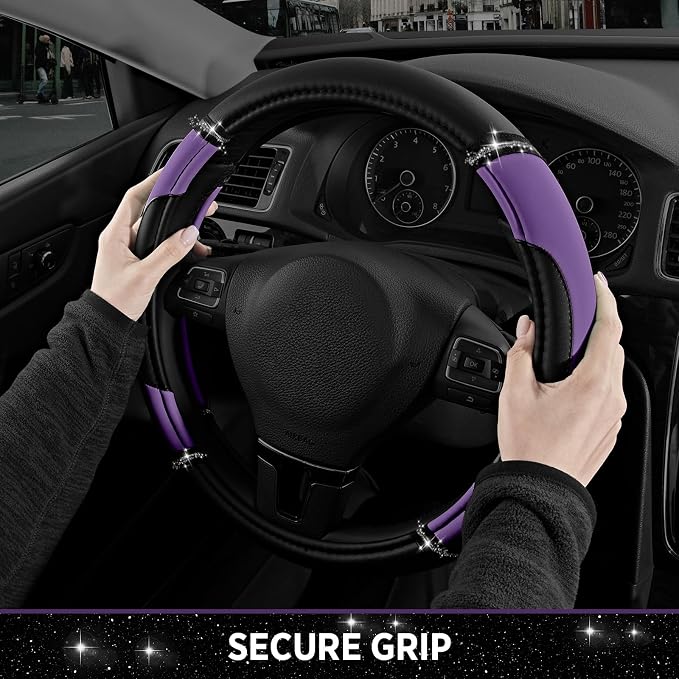 Road Comforts Leather Steering Wheel Cover - Made with PVC Leather - Anti-Slip, Universal Fit 14 1/2 inches to 15 1/2 inches - Purple