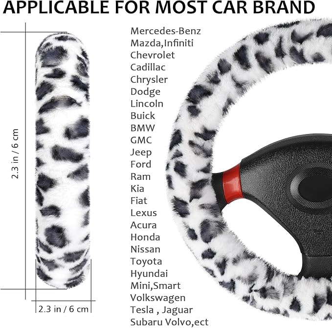 Accmor Fuzzy Car Steering Wheel Cover, Universal Fit Fur Auto Wheel Cover & Handbrake Cover & Gear Shift Cover Set, Leopard Winter Warm Fluffy Vehicle Wheel Protector Car Accessories for Men Women