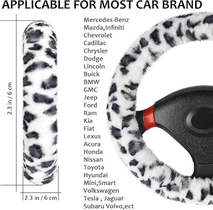 Accmor Fuzzy Car Steering Wheel Cover, Universal Fit Fur Auto Wheel Cover & Handbrake Cover & Gear Shift Cover Set, Leopard Winter Warm Fluffy Vehicle Wheel Protector Car Accessories for Men Women