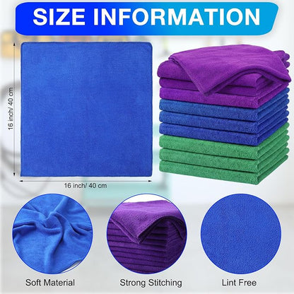 Nuenen Cleaning Cloths for Cars 16 x 16 Inch Ultra Absorbent Towels Drying Microfiber Reusable Cleaning Supplies House Kitchen Window Microfiber Towel (Purple,Blue,Green,60 Pcs)