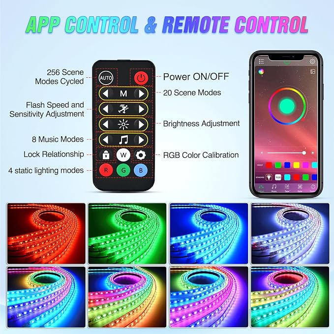 Nilight 6Pcs Car Underglow Neon Accent Strip Lights 300 LEDs Multi Color RGB-IC DIY Sound Active Function Music Mode with APP Control and Remote Control Underbody Light Strip