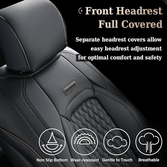 Coverado Front Seat Covers for Ford F150 2015-2026, F250 F350 F450 2017-2026 SuperCrew Crew Cab, Black Leather Car Seat Covers, Full Coverage