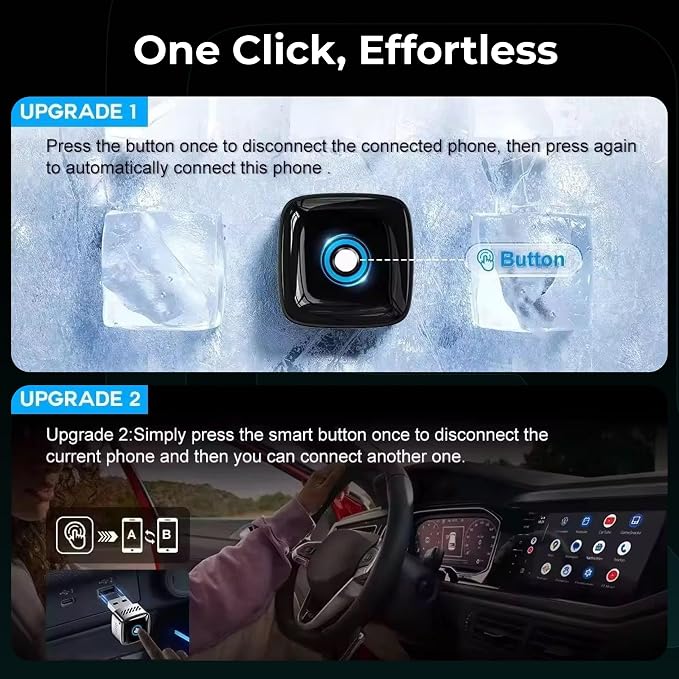 AX1 Wireless CarPlay & Android Auto Adapter for Factory Wired CarPlay Cars – On/Off Button, Device Switch, Fast Connection, Auto Reconnect, Plug & Play
