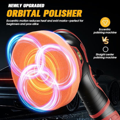 Cordless Car Buffer Polisher kit [2x 2000mAh 21V Batteries & 18 PCS Attachments] 6-Speed Orbital Design, LED Display, Lightweight Detailing Tool for Waxing, Polishing & Scratch Removal-Red