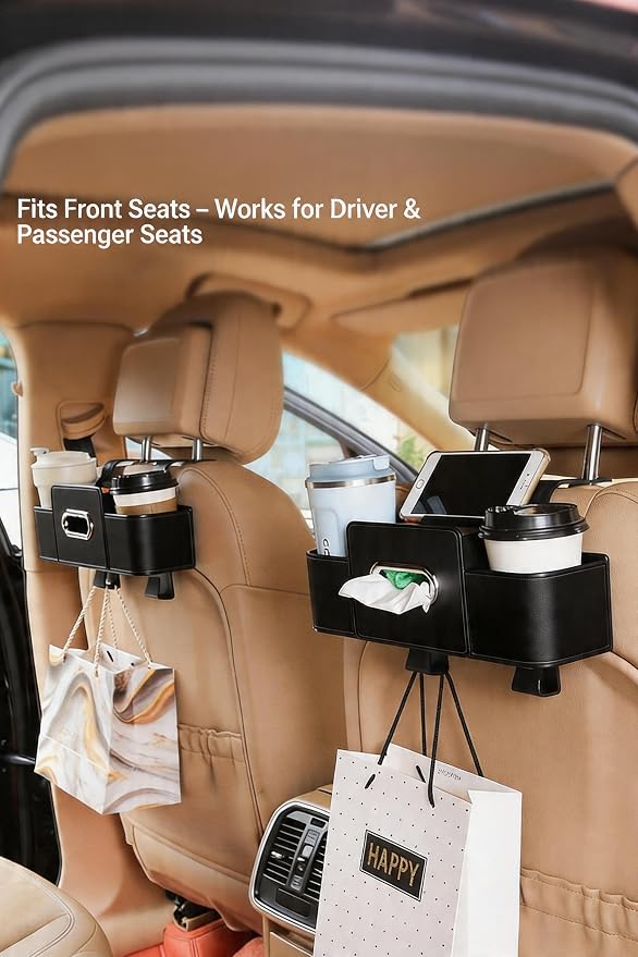 4-in-1 Car Backseat Organizer, Dual Cup Holders, Tissue Box & Phone Mount with Double Hangers, Multi-functional Car Storage Organizer, Universal Fit for All Vehicles, 2 Pieces
