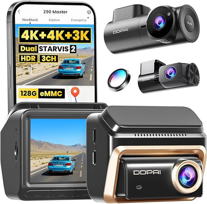 DDPAI 4K 3-Channel Dash Cam,Dashcam for Cars with 128G eMMC+CPL,Front & Rear & Inside(2160P+2160P+1080P),Dual STARVIS 2 Sensors IMX678 + IMX678,AI ISP Night Vision,ADAS, WiFi 6, 4G LTE,Z90 Master 3CH