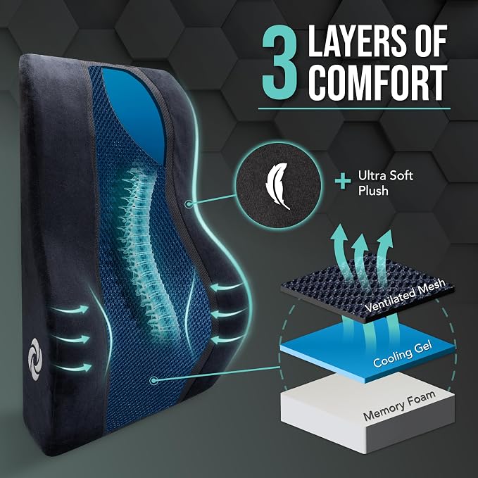 Samsonite Memory Foam Lumbar Support Pillow, Ergonomic Back Cushion for Office Chair, Gaming Chair, Auto Back Support with Cooling Gel, Home Essentials for Sitting Comfort, Posture Relief, Black Mesh