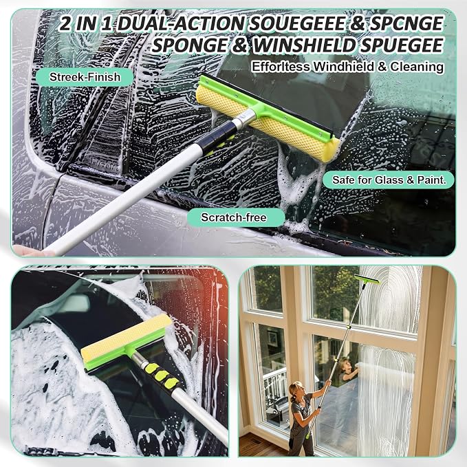 BBTO 12ft Car & RV Wash Brush Kit with Long Extendable Handle RV Car Truck Wash Kit with Hardness Brush Adjustable Chenille Mop Sponge Squeegee Tire Brushes Micro Fiber Towels Chenille Mitt for SUV