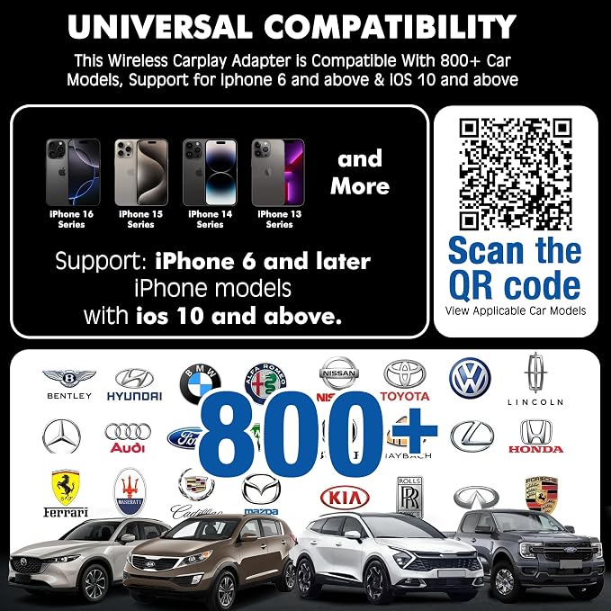 2026 Wireless Carplay Adapter for iPhone,3 Second Auto Connect, No Screen delay, Ultra Mini Design,Plug & Play By USB-A/Type-C Compatible with iOS 10+ and Cars with Factory Wired CarPlay