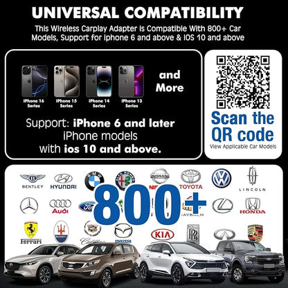 2026 Wireless Carplay Adapter for iPhone,3 Second Auto Connect, No Screen delay, Ultra Mini Design,Plug & Play By USB-A/Type-C Compatible with iOS 10+ and Cars with Factory Wired CarPlay