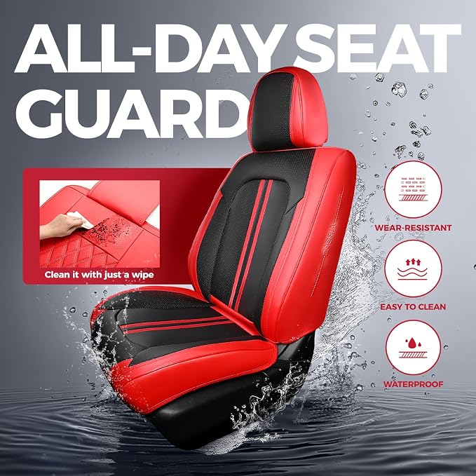 FREESOO Car Seat Covers Full Set, Black Red Waterproof Car Seat Cover, Leather Seat Covers for Trucks, Luxury Car Seat Covers Front Seats and Auto Back, Breathable Car Seat Cushion for Most SUV Cars
