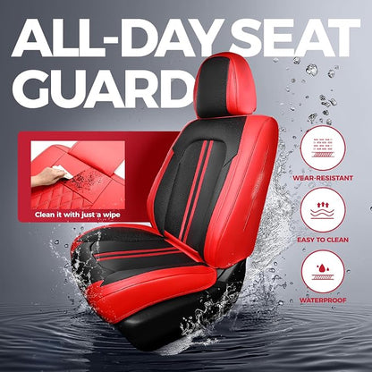 FREESOO Car Seat Covers Full Set, Black Red Waterproof Car Seat Cover, Leather Seat Covers for Trucks, Luxury Car Seat Covers Front Seats and Auto Back, Breathable Car Seat Cushion for Most SUV Cars