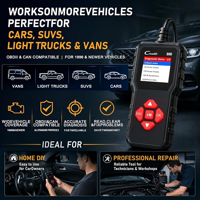 LAUNCH Creader 300 OBD2 Scanner, Car Code Reader with Full 10 OBDII Modes, Read & Clear Codes, Live Data, VIN, Freeze Frame, I/M Readiness, O2 Sensor, DTC Lib, Battery Test for 1996 & Newer Cars