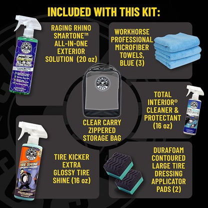 Chemical Guys Quick Detailing Kit With Storage Bag, Raging Rhino SmartOne Exterior Spray, Interior Cleaner, Tire Shine, Microfiber Towels, And Applicators Giftable Car Care Set