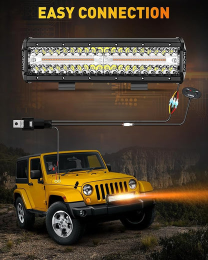 NAOEVO 12 Inch LED Light Bar, 300W 30000LM LED Offroad Fog/Driving Lights with 2 Leads Wiring Harness, Spot & Flood Combo, Work for Truck Boat UTV ATV, 1 Pc (White/Amber/White&Amber)
