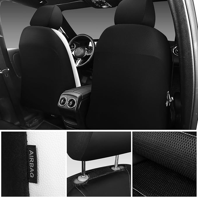CAR PASS Universal Front Leather Car Seat Covers with Sporty Design, Breathable All Season Easy to Clean Anti-Slip Wear-Resistant Automotive Seat Covers Fit for Most Cars, SUVs, Trucks, Black & White