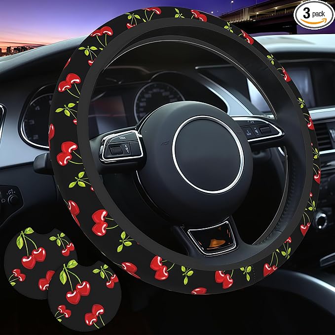 Cherry Hearts Red Steering Wheel Cover + 2 Pc Cherry Hearts Car Coasters | Breathable Universal for 14-15 Inch Car Anti-Slip for Men Women
