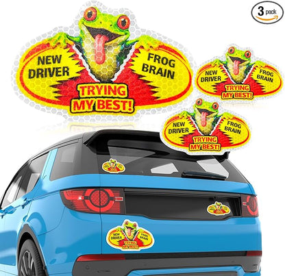 3 Pcs Reflective Student Driver Magnet and Stickers Set - Funny Animal New Driver Safety Signs for Car, Waterproof & Weatherproof High Visibility Vehicle Bumper Decals, Magnet + Stickers (Tree frog)