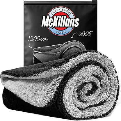 McKillans® Extra Large Dual-Color Car Drying Towel XL - Edgeless & Ultra Soft & Absorbent - 36" x 28" - 1200 GSM Twisted Loop Microfiber Towel for Cars - Drying Towel Car Detailing - Car Wash Towels