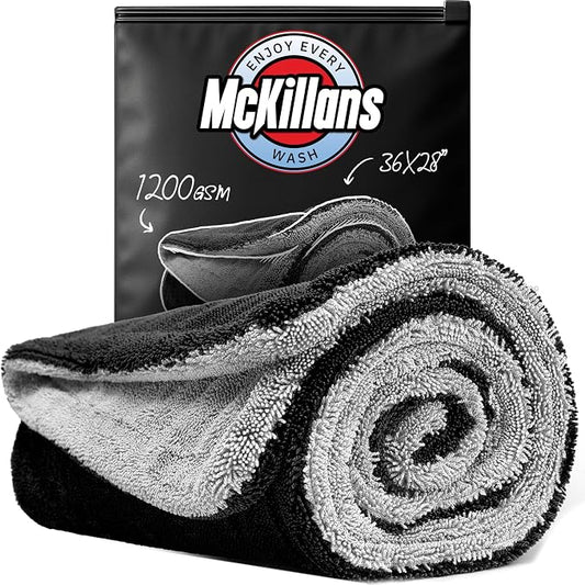 McKillans® Extra Large Dual-Color Car Drying Towel XL - Edgeless & Ultra Soft & Absorbent - 36" x 28" - 1200 GSM Twisted Loop Microfiber Towel for Cars - Drying Towel Car Detailing - Car Wash Towels