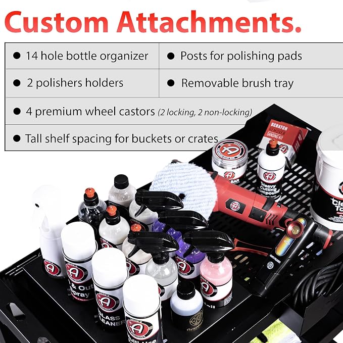 Adam's Polishes Professional Detail Cart Powder Coated Metal Car Detailing Cart for Garage | Storage Space, Rolling Premium Locking Casters, Polisher Holders, Heavy Duty Workshop, Detailers Garage