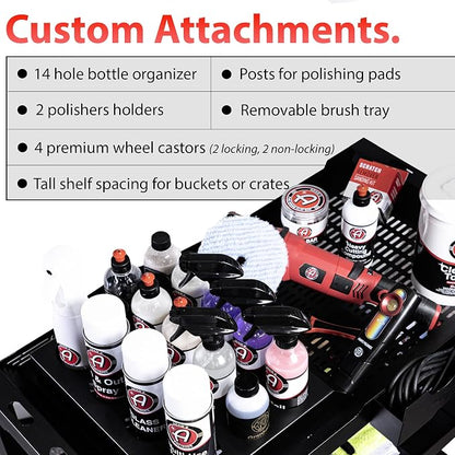 Adam's Polishes Professional Detail Cart Powder Coated Metal Car Detailing Cart for Garage | Storage Space, Rolling Premium Locking Casters, Polisher Holders, Heavy Duty Workshop, Detailers Garage